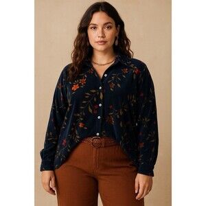 Studio JPA Womens Blouse Black Floral Velvet Long Sleeve Size Large